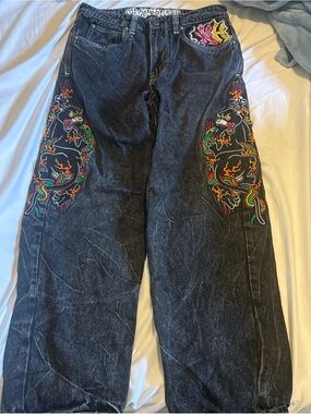 Men's Black Embroidered Dragon Jeans